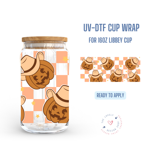 Checkered Cowboy Pumpkin - UV DTF 16 oz Libbey Cup Wrap (Ready to Ship)