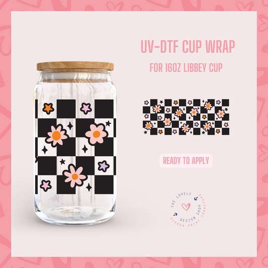Halloween Flower Vibes Checkered - UV DTF 16 oz Libbey Cup Wrap (Ready to Ship)