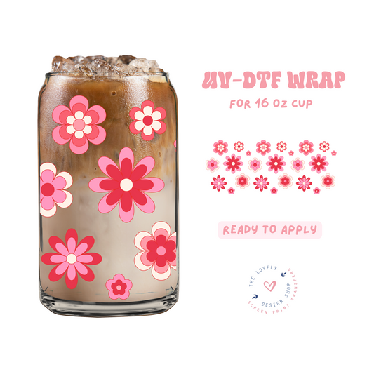 Retro Flowers Pinks - UV DTF 16 oz Libbey Cup Wrap - Feb 12