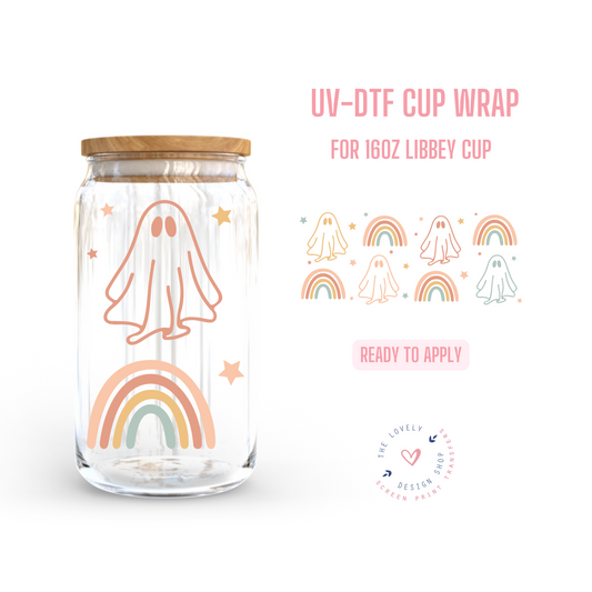 Cute Rainbow Ghosts - UV DTF 16 oz Libbey Cup Wrap (Ready to Ship)