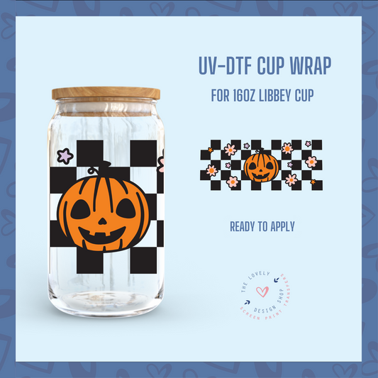 Checkered Pumpkin Daisies - UV DTF 16 oz Libbey Cup Wrap (Ready to Ship)