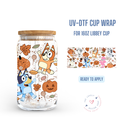 Fall Doggies - UV DTF 16 oz Libbey Cup Wrap (Ready to Ship)