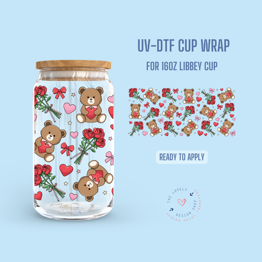Bear And Roses - UV DTF 16 oz Libbey Cup Wrap - Dec 9