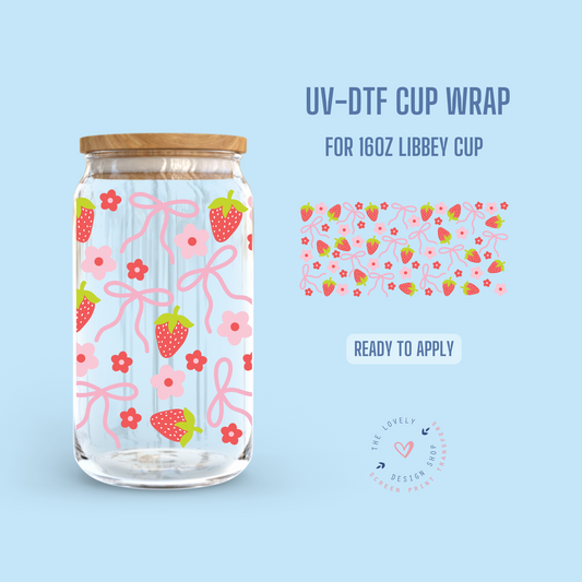 Strawberry and Curly Bows - UV DTF 16 oz Libbey Cup Wrap (Ready to Ship) May 20