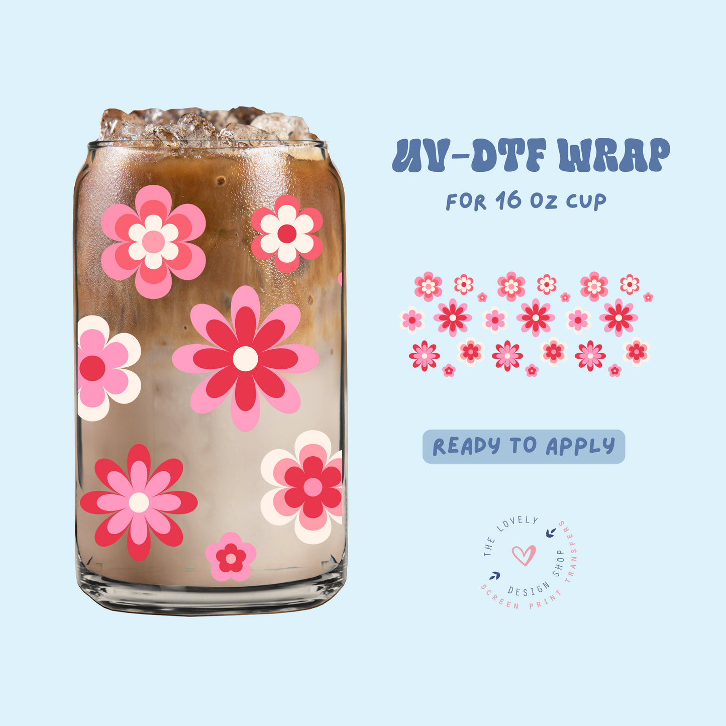 Retro Flowers Pinks - UV DTF 16 oz Libbey Cup Wrap - Feb 12