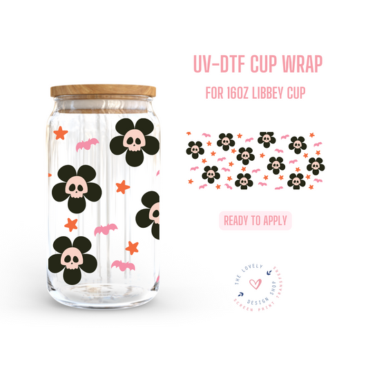 Skullie Flowers - UV DTF 16 oz Libbey Cup Wrap (Ready to Ship)
