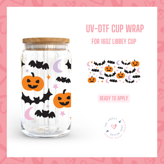 Pumpkins and Bats - UV DTF 16 oz Libbey Cup Wrap (Ready to Ship)