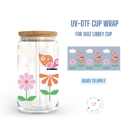 Butterflies and Flowers Retro - UV DTF 16 oz Libbey Cup Wrap (Ready to Ship)