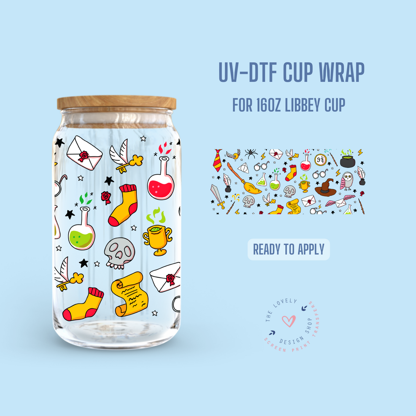 Wizard Student Doodles - UV DTF 16 oz Libbey Cup Wrap (Ready to Ship)