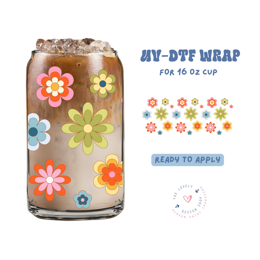Retro Flowers Greens - UV DTF 16 oz Libbey Cup Wrap - Feb 12