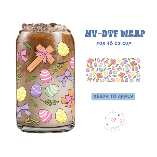 Easter Eggs and Cross - UV DTF 16 oz Libbey Cup Wrap - Feb 19