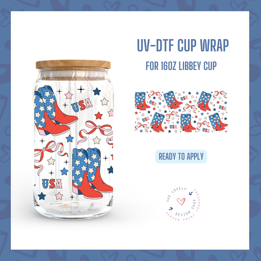 American Girly Cowgirl - UV DTF 16 oz Libbey Cup Wrap (Ready to Ship) Jun 10