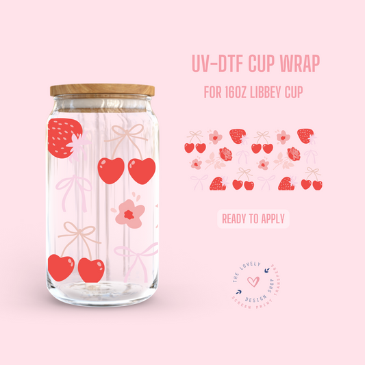 Strawberry Coquette - UV DTF 16 oz Libbey Cup Wrap (Ready to Ship) Feb 27