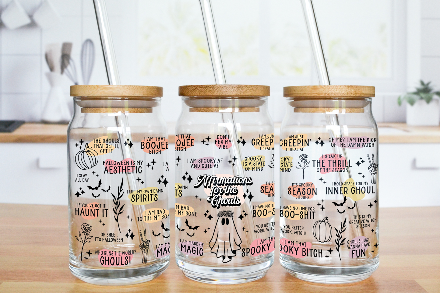 Affirmations For The Ghouls - UV DTF 16 oz Libbey Cup Wrap (Ready to Ship)
