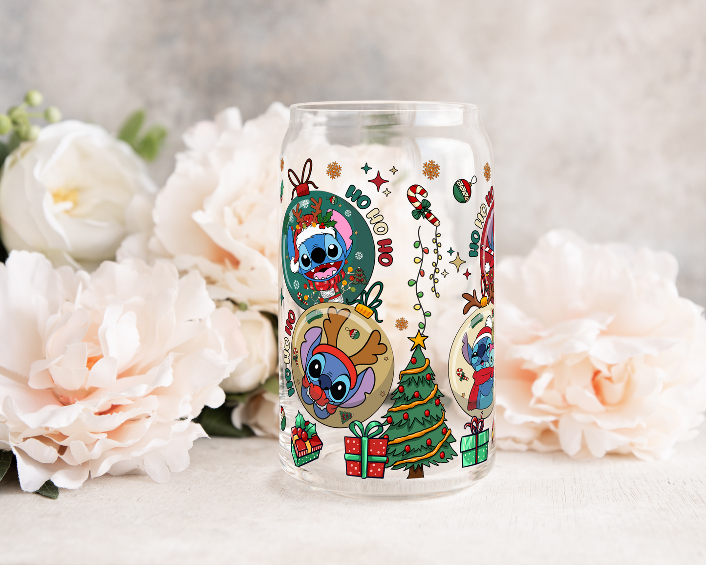 Blue Alien Christmas Ornaments - UV DTF 16 oz Libbey Cup Wrap (Ready to Ship)