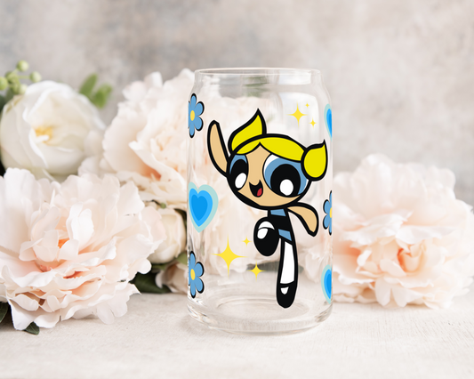 Blue Super Girl - UV DTF 16 oz Libbey Cup Wrap (Ready to Ship)