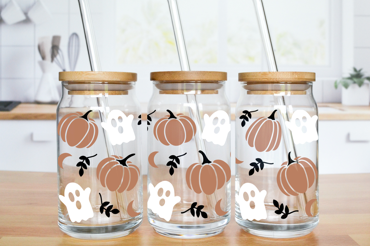 Boho Pumpkin Ghost - UV DTF 16 oz Libbey Cup Wrap (Ready to Ship)
