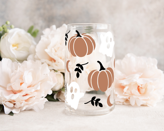 Boho Pumpkin Ghost - UV DTF 16 oz Libbey Cup Wrap (Ready to Ship)