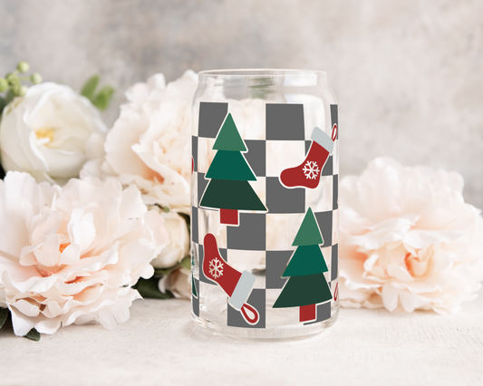 Christmas Checkered Trees and Stockings - UV DTF 16 oz Libbey Cup Wrap (Ready to Ship)