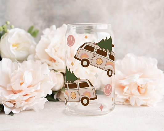 Christmas Hippie Truck - UV DTF 16 oz Libbey Cup Wrap (Ready to Ship)