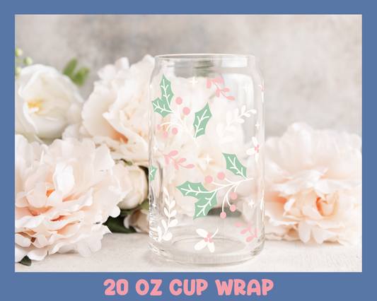Christmas Holly - UV DTF 20 oz Libbey Cup Wrap (Ready to Ship)