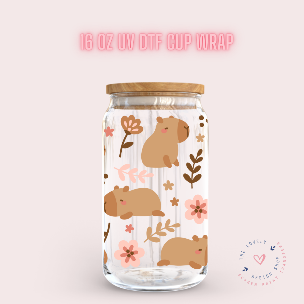 Cute Capybara - UV DTF 16 oz Libbey Cup Wrap (Ready to Ship)