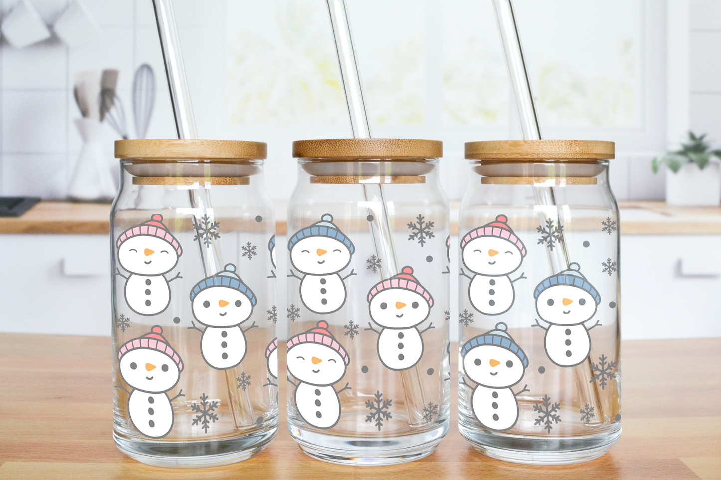 Cute Christmas Snowman - UV DTF 16 oz Libbey Cup Wrap (Ready to Ship)