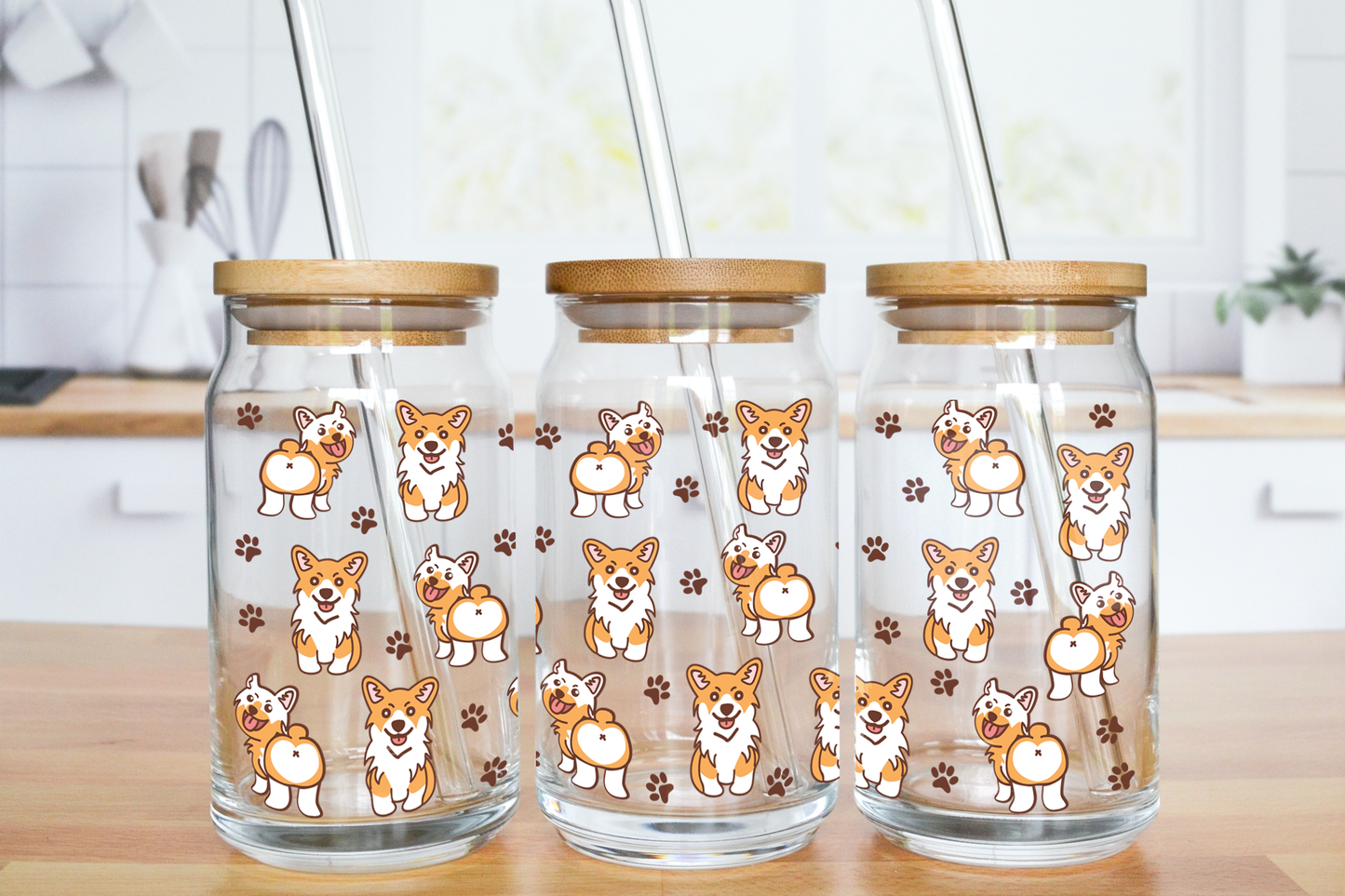Cute Corgis - UV DTF 16 oz Libbey Cup Wrap (Ready to Ship)