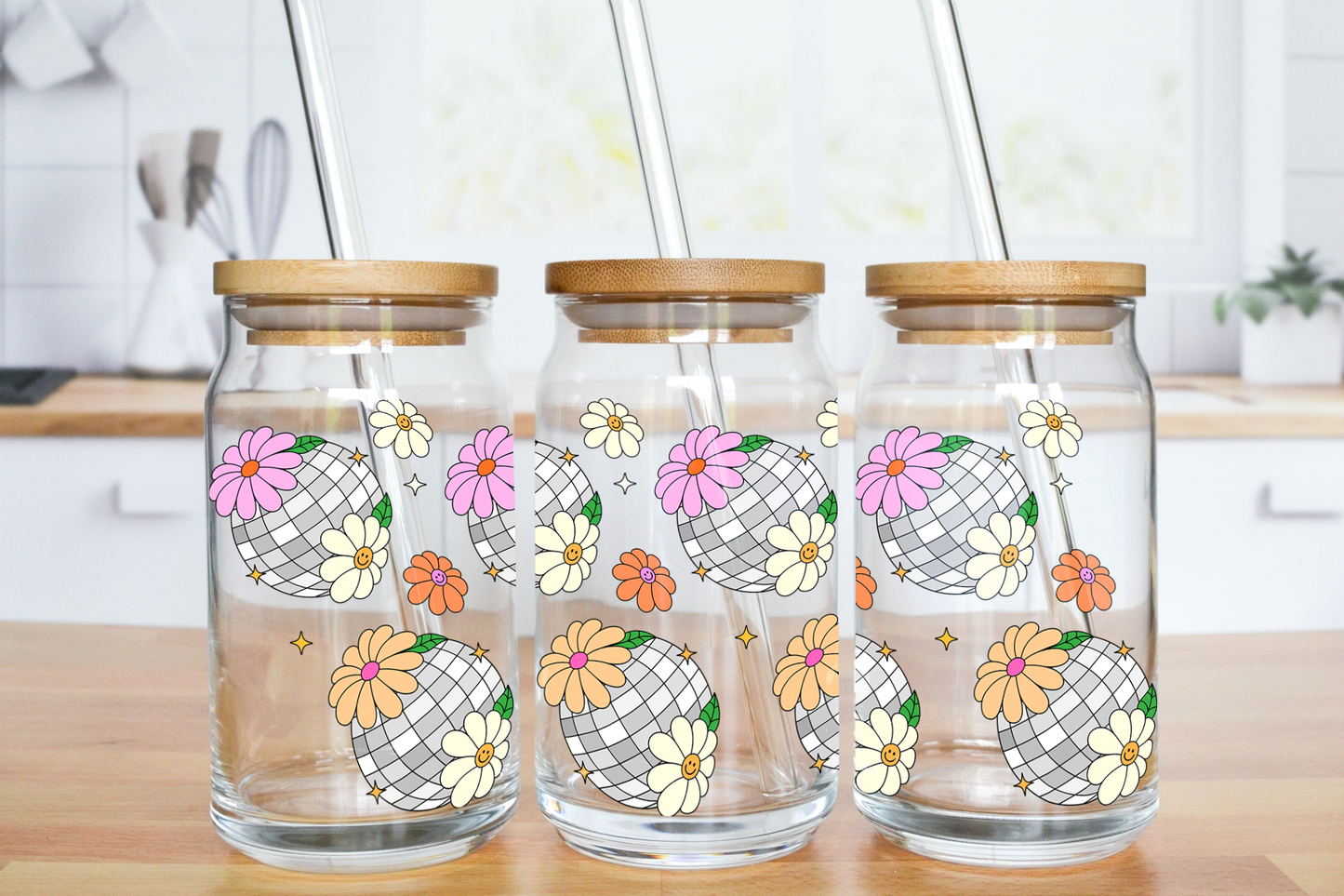 Disco Flower - UV DTF 16 oz Libbey Cup Wrap (Ready to Ship)