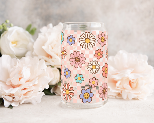 Flower Checkered Pink - UV DTF 16 oz Libbey Cup Wrap (Ready to Ship)