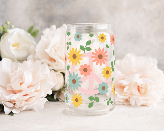 Flower Peace - UV DTF 16 oz Libbey Cup Wrap (Ready to Ship)