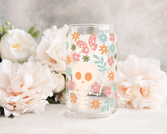 Flower and Butterflies Skellie - UV DTF 16 oz Libbey Cup Wrap (Ready to Ship)