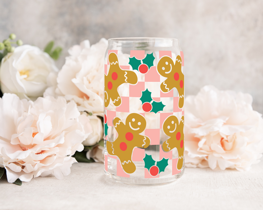 Gingerbread Man Checkered - UV DTF 16 oz Libbey Cup Wrap (Ready to Ship)