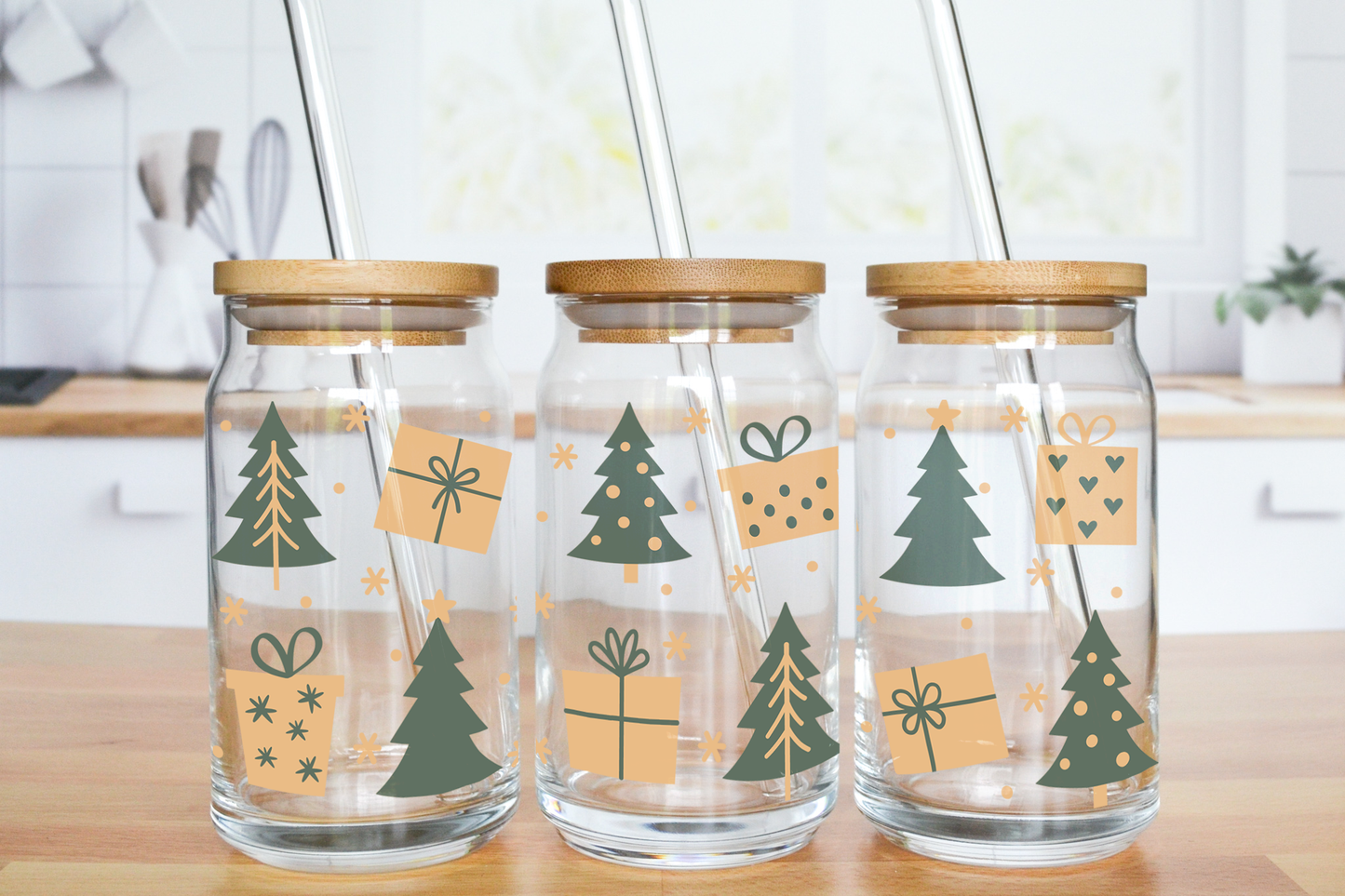 Green and Gold Christmas Vibes - UV DTF 16 oz Libbey Cup Wrap (Ready to Ship)