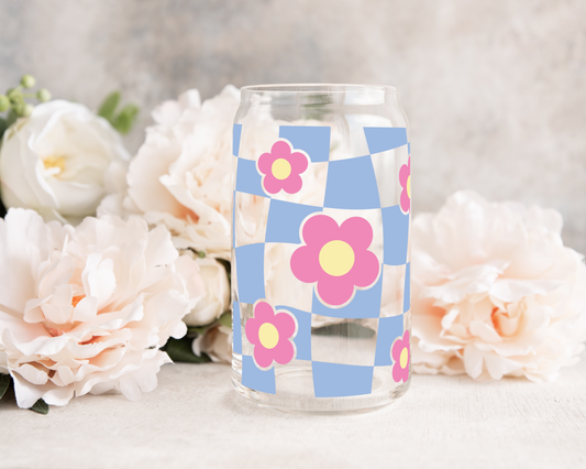 Groovy Checkered Flower - UV DTF 16 oz Libbey Cup Wrap (Ready to Ship)