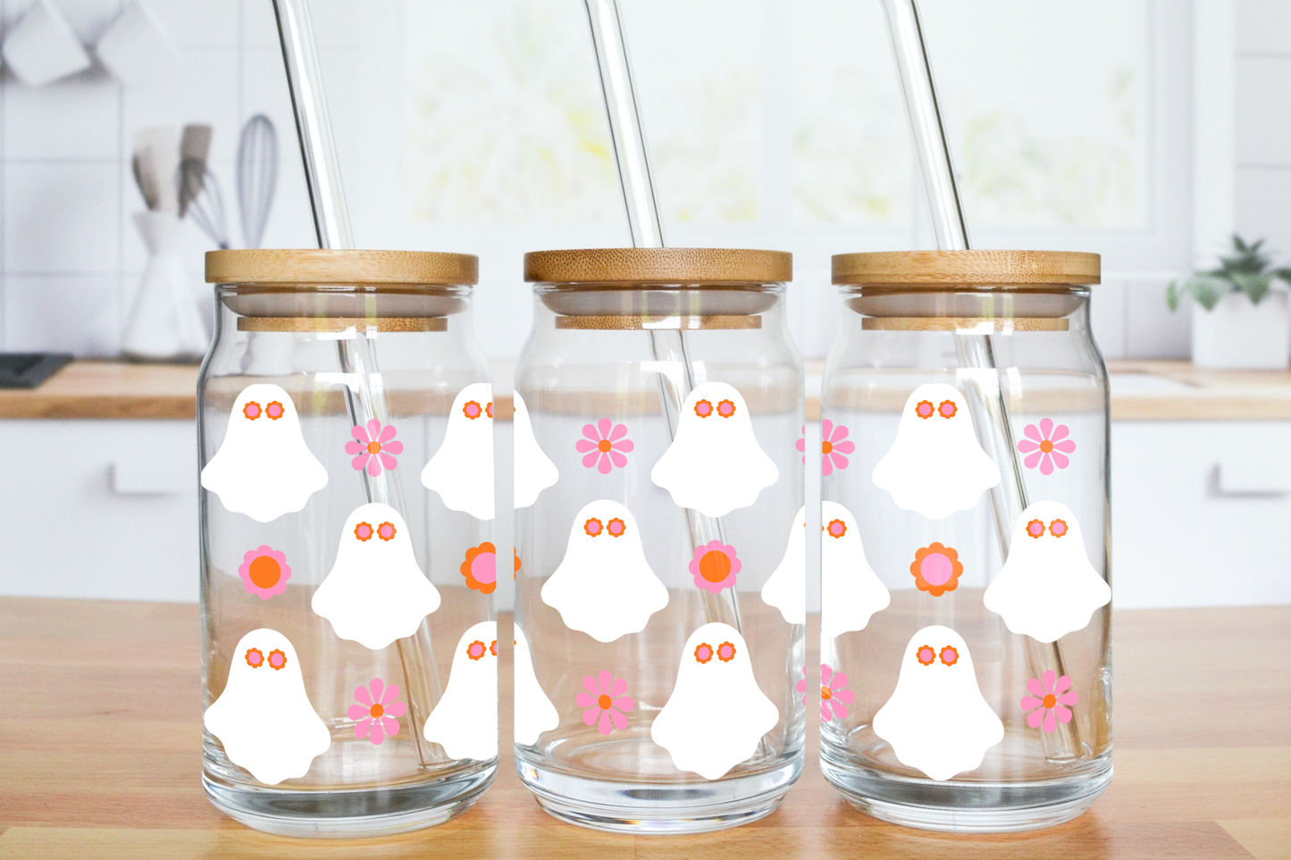 Groovy Daisy Ghosts - UV DTF 16 oz Libbey Cup Wrap (Ready to Ship)
