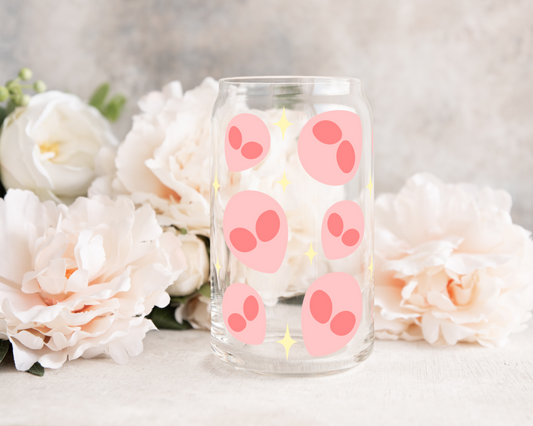 Pink Alien Face - UV DTF 16 oz Libbey Cup Wrap (Ready to Ship)