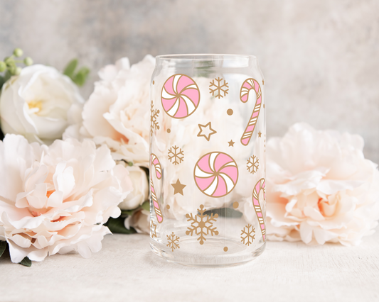 Pink Christmas Candies - UV DTF 16 oz Libbey Cup Wrap (Ready to Ship)