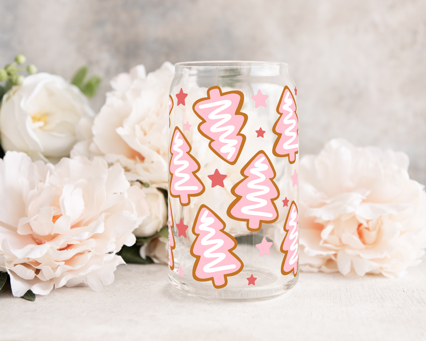 Pink Christmas Tree Cookies - UV DTF 16 oz Libbey Cup Wrap (Ready to Ship)