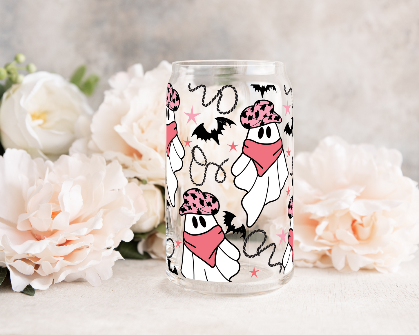 Pink Cowgirl Ghosties - UV DTF 16 oz Libbey Cup Wrap (Ready to Ship)