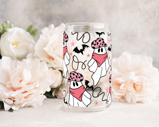 Pink Cowgirl Ghosties - UV DTF 16 oz Libbey Cup Wrap (Ready to Ship)