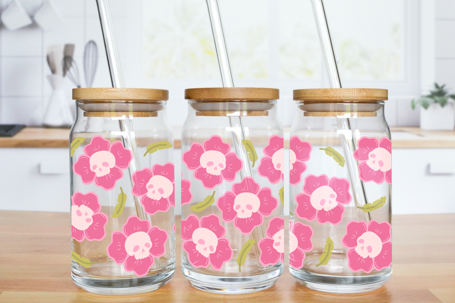 Pink Flower Skullie - UV DTF 16 oz Libbey Cup Wrap (Ready to Ship)