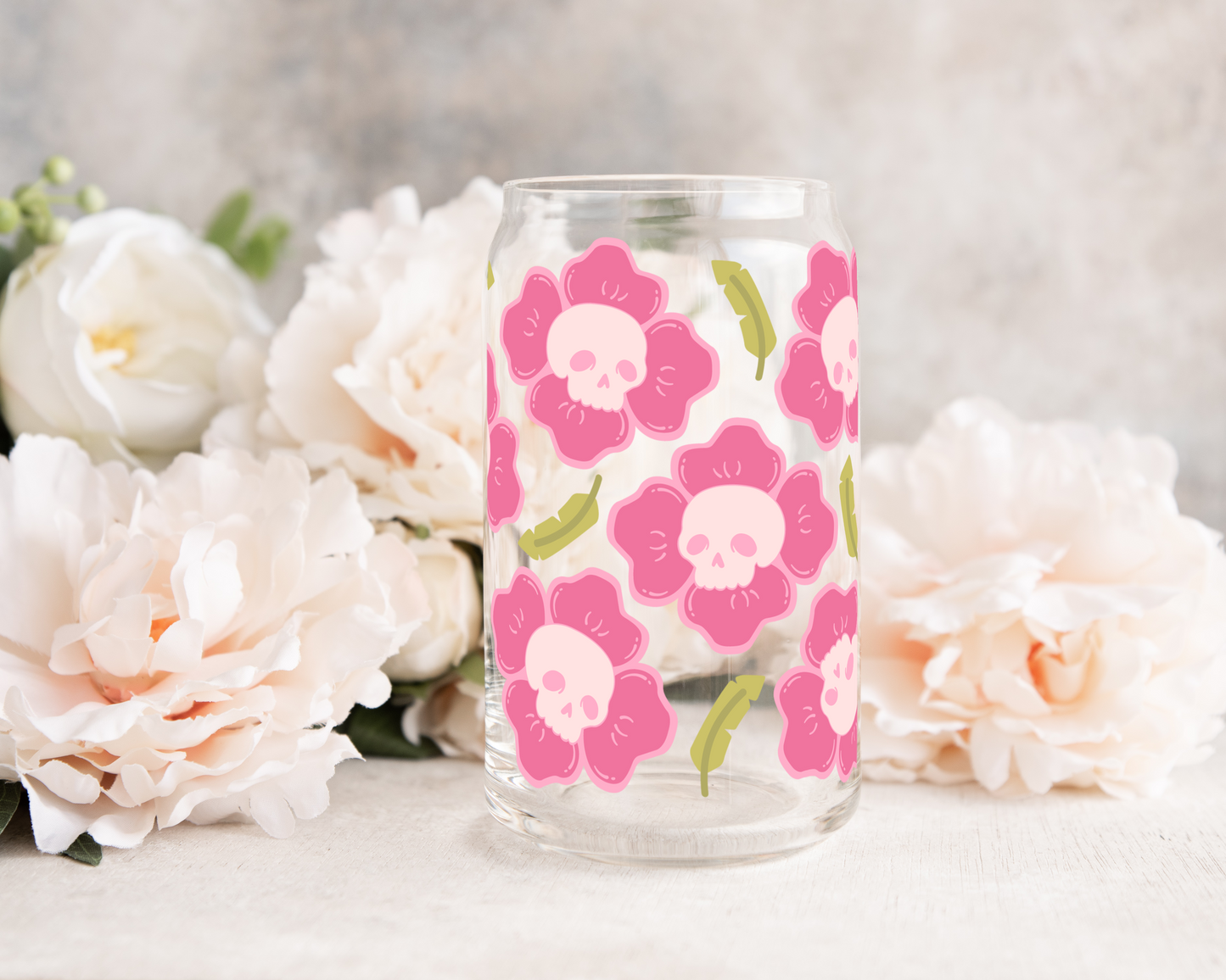 Pink Flower Skullie - UV DTF 16 oz Libbey Cup Wrap (Ready to Ship)