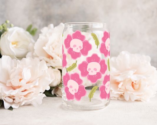 Pink Flower Skullie - UV DTF 16 oz Libbey Cup Wrap (Ready to Ship)