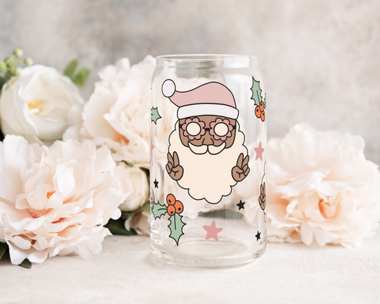 Pink Hat Santa - UV DTF 16 oz Libbey Cup Wrap (Ready to Ship)