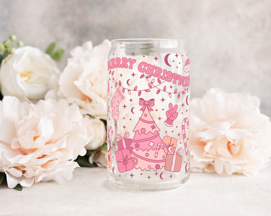 Pink Retro Christmas Trendy - UV DTF 16 oz Libbey Cup Wrap (Ready to Ship)