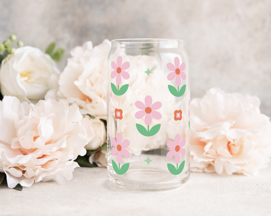 Pink Retro Flowers - UV DTF 16 oz Libbey Cup Wrap (Ready to Ship)