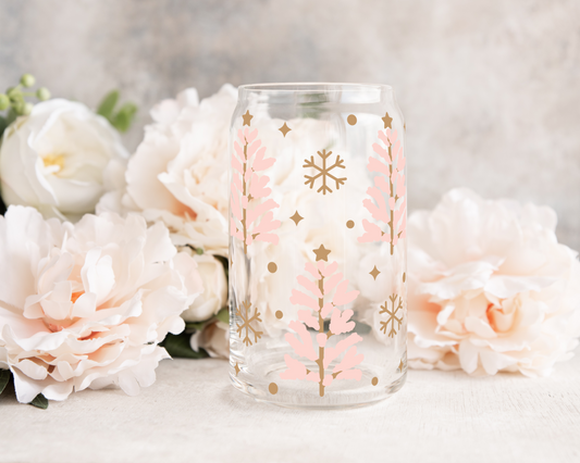 Pink Snow Christmas Trees - UV DTF 16 oz Libbey Cup Wrap (Ready to Ship)
