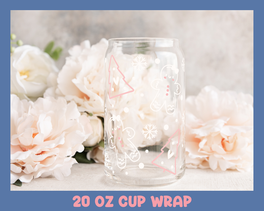 Pink and White Christmas Theme - UV DTF 20 oz Libbey Cup Wrap (Ready to Ship)