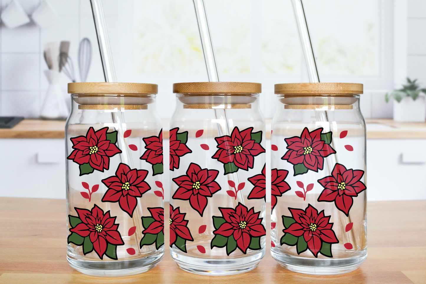 Poinsettias - UV DTF 16 oz Libbey Cup Wrap (Ready to Ship)